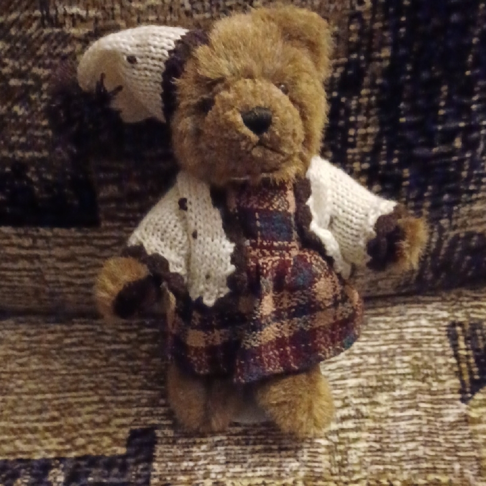 4/$80 Adorable Brown Teddy Bear with Knit Sweater, Hat & Plaid Dress - Stand
